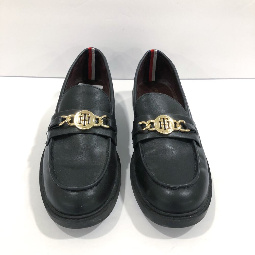 Tommy Hilfiger Terina Black Loafers Gold Chain Logo Flats - Picture 5 of 10